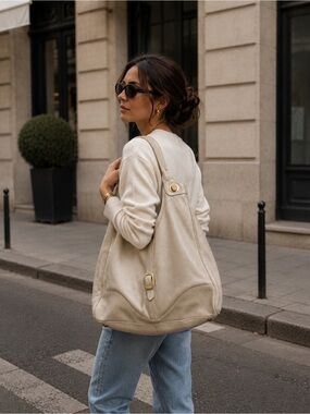 Foley + Corinna Ivory Pebbled Leather Slouchy Hobo Tote Quiet Luxury Bag